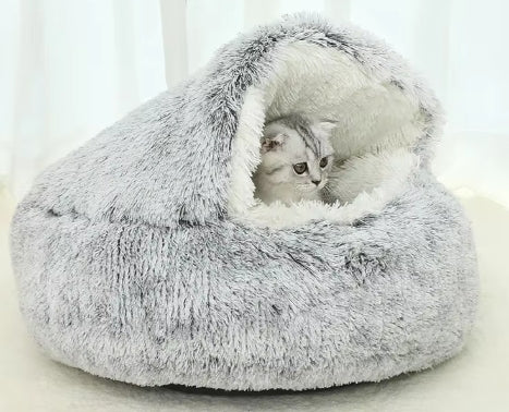 2-in-1 Plush Winter Pet Bed with Cover – Cozy Calming Cave & Lounge Ultra-Soft • Self-Warming • Anxiety-Soothing Comfort for Cats & Small Dogs