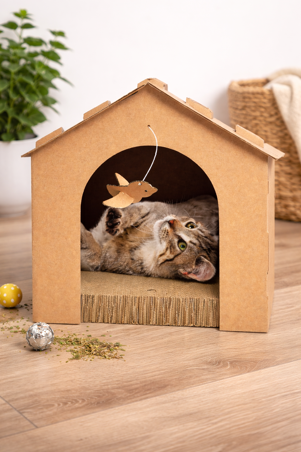 Gingerbread Cardboard Cat House & Scratcher Hideout with Hanging Toy
