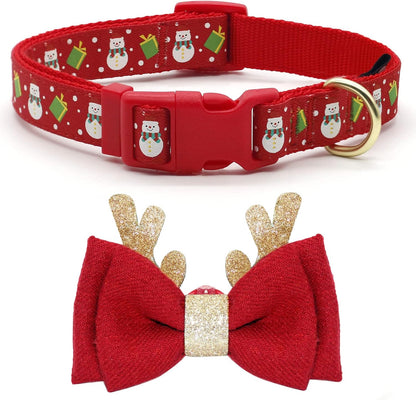 Christmas Dog Collar Adjustable Xmas Dog Collars with Christmas Antler Bow Tie Accessories Snowman Dog Collar for Medium Dogs