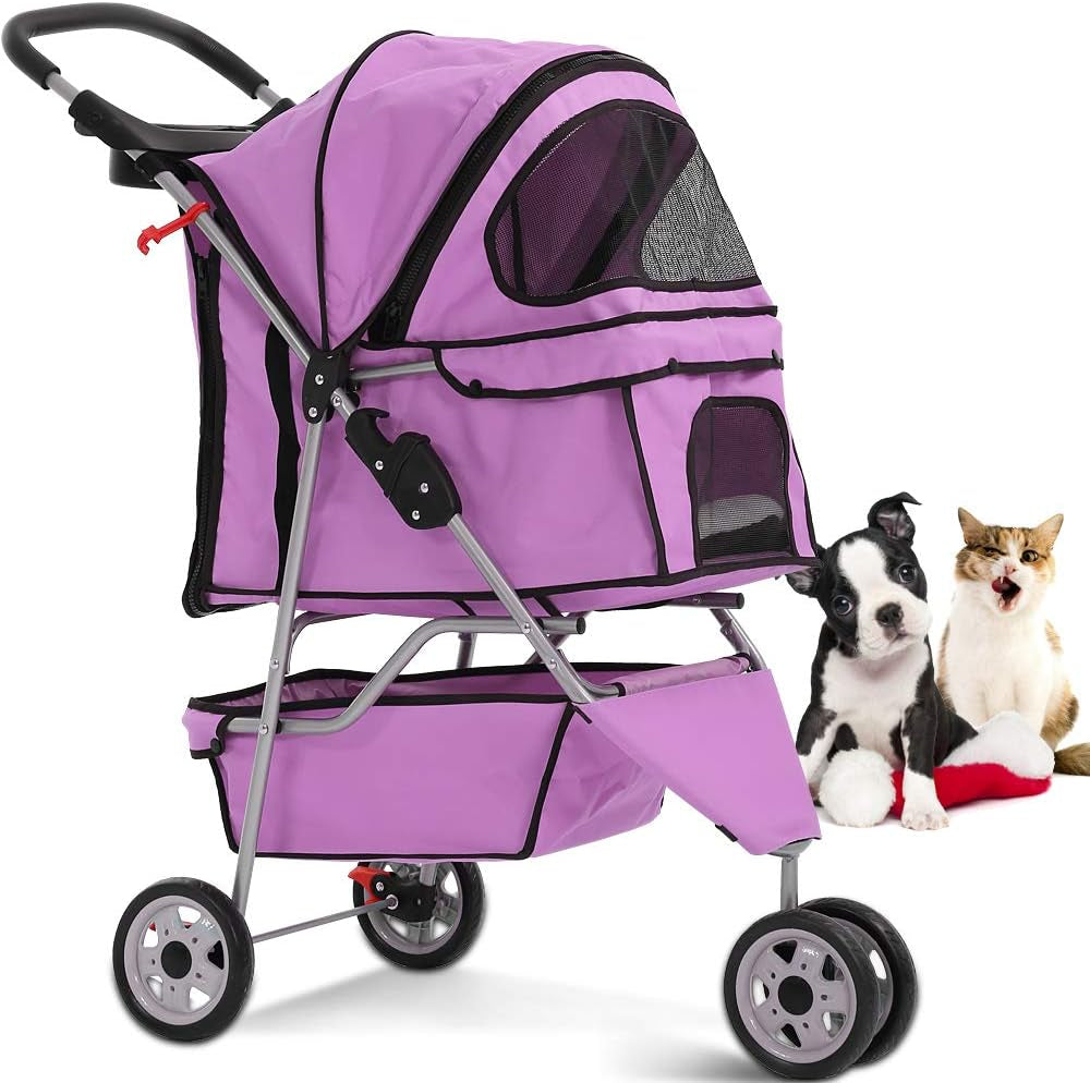 3-Wheel Folding Pet Stroller for Cats and Dogs with Cup Holder and Removable Pad