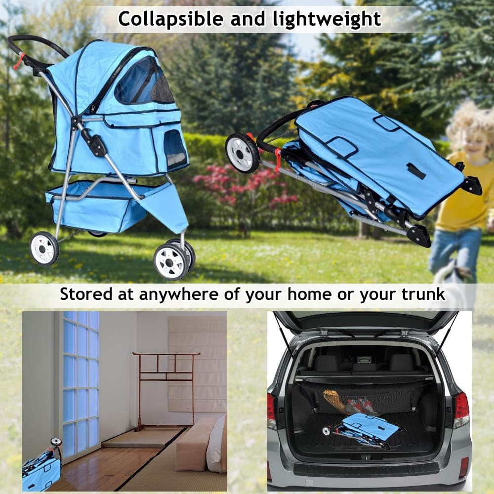 3-Wheel Folding Pet Stroller for Cats and Dogs with Cup Holder and Removable Pad