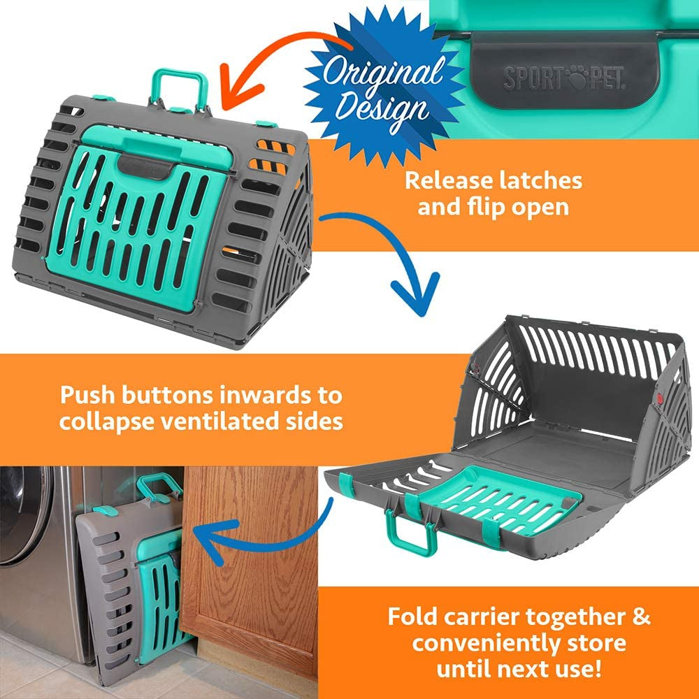 Sport Pet Designs Collapsible Travel Cat Carrier with Front Door Access and Waterproof Bed