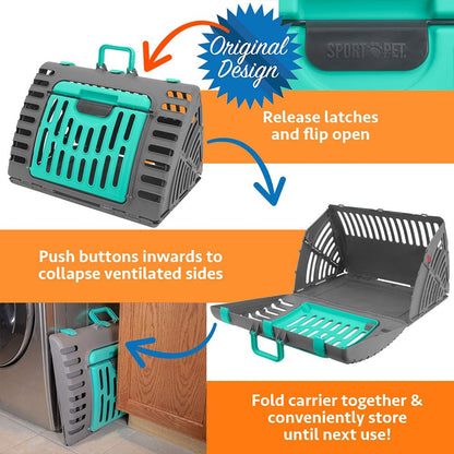 Sport Pet Designs Collapsible Travel Cat Carrier with Front Door Access and Waterproof Bed