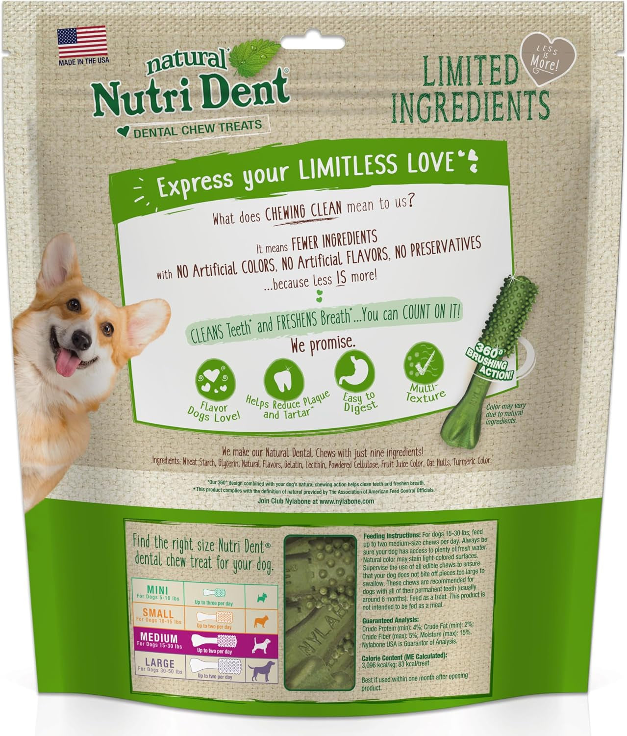 Nutri Dent Natural Dog Dental Treats - Teeth Cleaning and Breath Freshener for Medium Dogs - Fresh Breath Flavor (40 Count)
