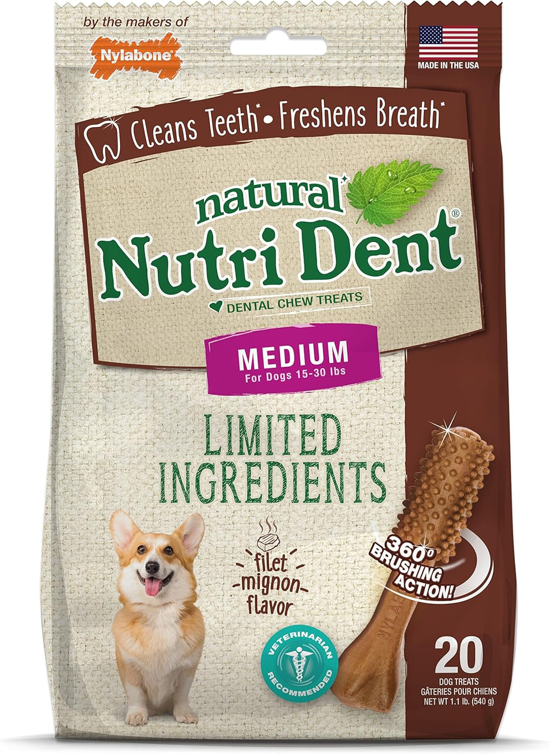 Nutri Dent Natural Dog Dental Treats - Teeth Cleaning and Breath Freshener for Medium Dogs - Fresh Breath Flavor (40 Count)