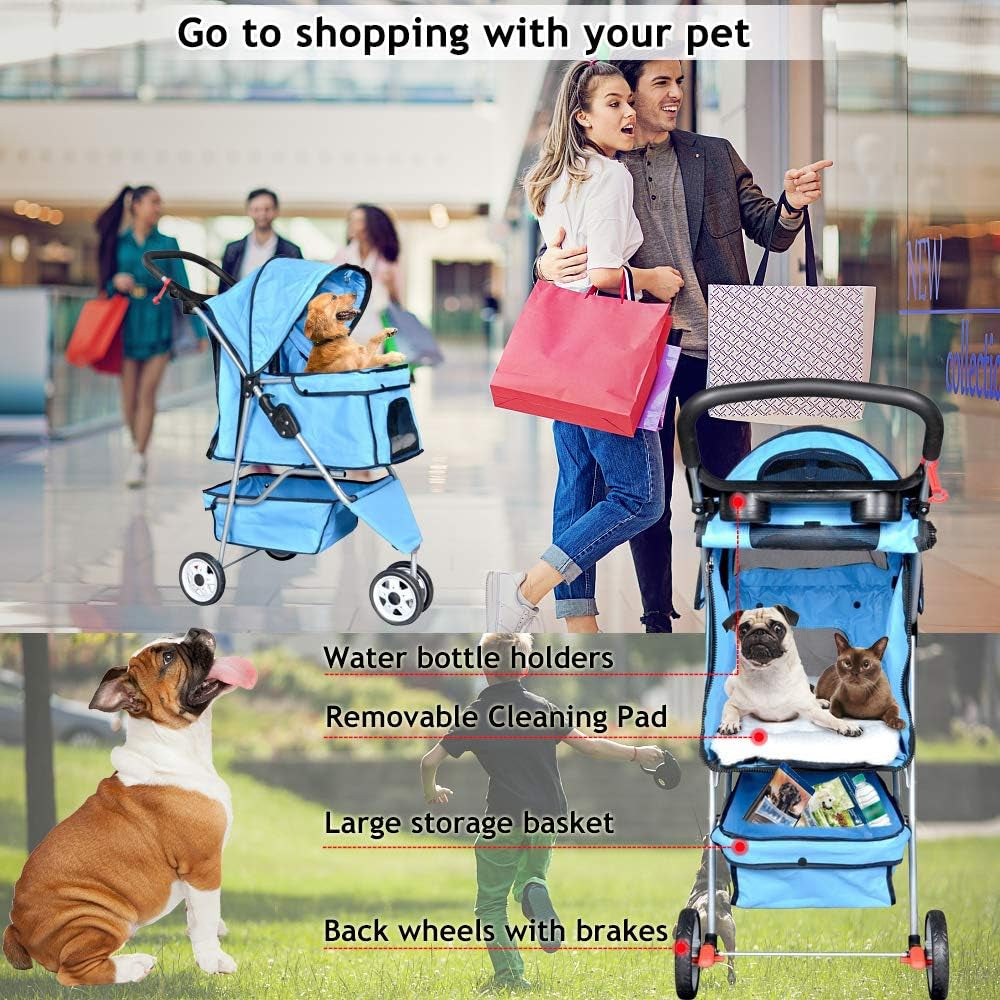 3-Wheel Folding Pet Stroller for Cats and Dogs with Cup Holder and Removable Pad