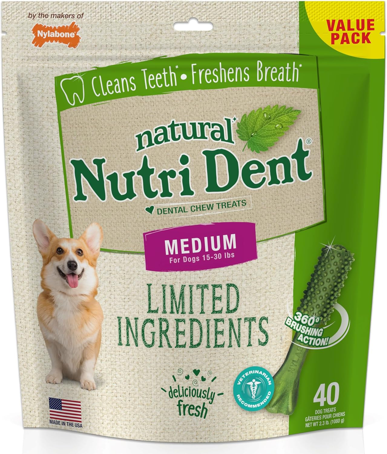 Nutri Dent Natural Dog Dental Treats - Teeth Cleaning and Breath Freshener for Medium Dogs - Fresh Breath Flavor (40 Count)