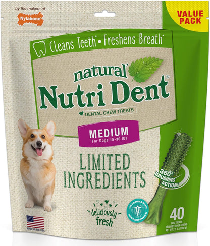 Nutri Dent Natural Dog Dental Treats - Teeth Cleaning and Breath Freshener for Medium Dogs - Fresh Breath Flavor (40 Count)