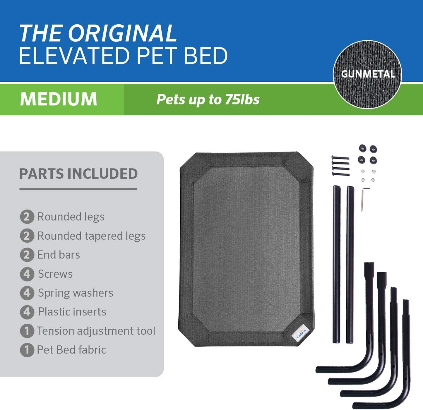 Elevated Dog Bed - Breathable Off-The-Ground Design with Cooling Fabric, Joint Relief, Moisture-Resistant Material, 100% Recyclable, Easy to Clean, Gunmetal, Medium