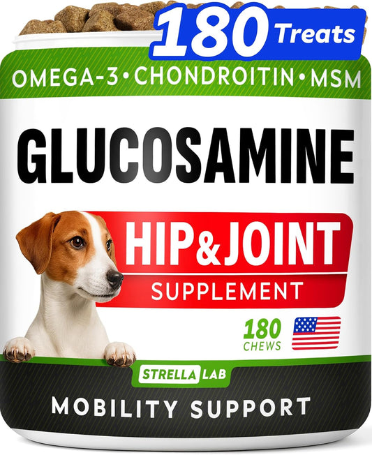 Glucosamine Joint Supplement Chews for Dogs with Omega-3 Fish Oil, Chondroitin, and MSM - Advanced Mobility Formula for Joint Pain Relief and Hip & Joint Care - Chicken Flavor - 180 Count - Made in the USA