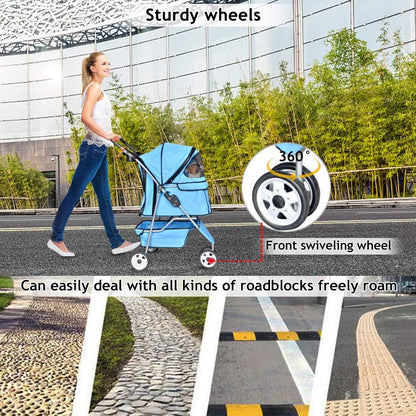 3-Wheel Folding Pet Stroller for Cats and Dogs with Cup Holder and Removable Pad
