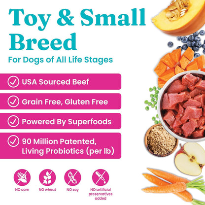 Small Bites Dry Dog Food for Toy and Small Breeds – Real Beef, Grain-Free, Gluten-Free, High Fiber Kibble with Probiotics for Gut Health and Digestion Support – Suitable for Dogs of All Ages – 4LB