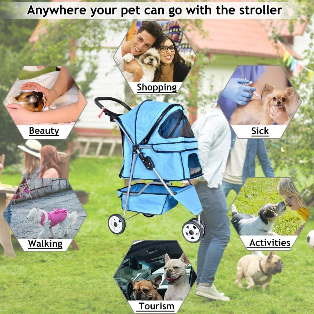 3-Wheel Folding Pet Stroller for Cats and Dogs with Cup Holder and Removable Pad
