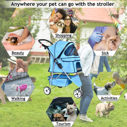 3-Wheel Folding Pet Stroller for Cats and Dogs with Cup Holder and Removable Pad