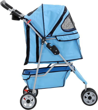 3-Wheel Folding Pet Stroller for Cats and Dogs with Cup Holder and Removable Pad
