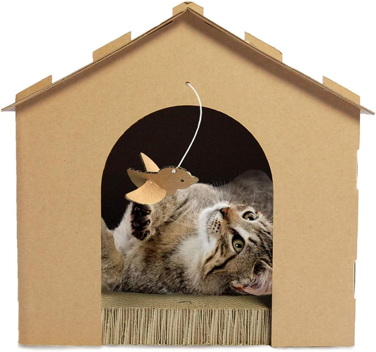Gingerbread Cardboard Cat House & Scratcher Hideout with Hanging Toy