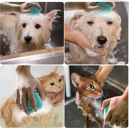 Soft Silicone Pet Bath Brush with Shampoo Dispenser for Dogs and Cats - Grooming Shower Scrubber (Blue)