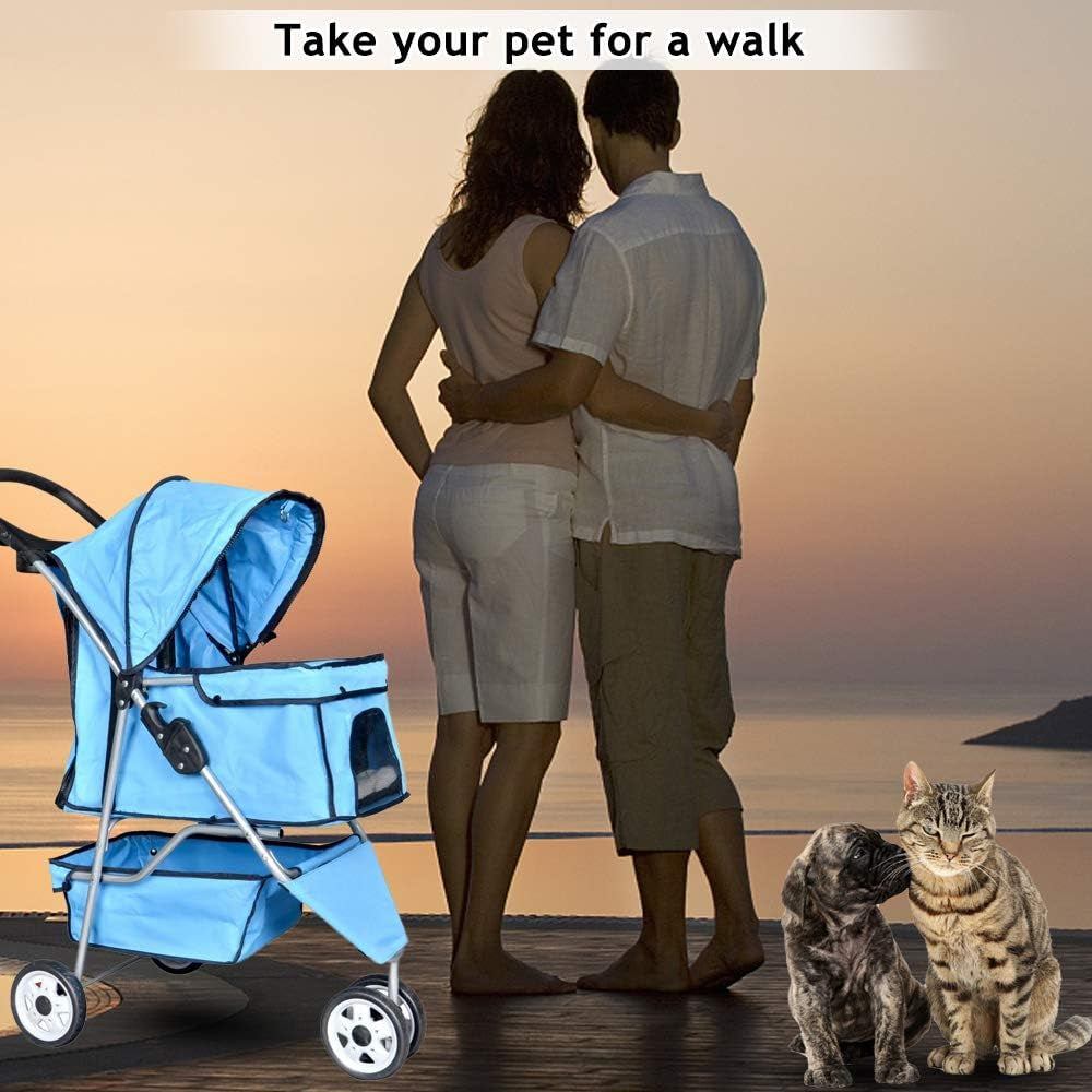 3-Wheel Folding Pet Stroller for Cats and Dogs with Cup Holder and Removable Pad