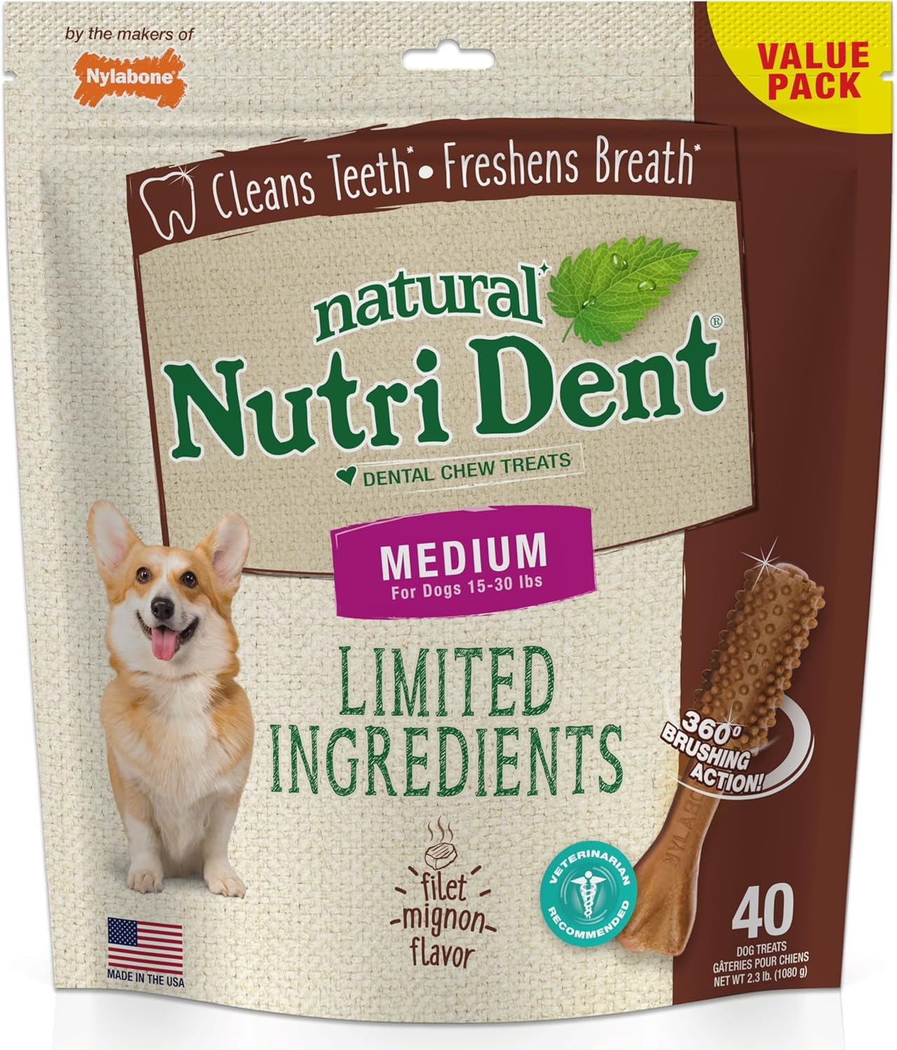 Nutri Dent Natural Dog Dental Treats - Teeth Cleaning and Breath Freshener for Medium Dogs - Fresh Breath Flavor (40 Count)