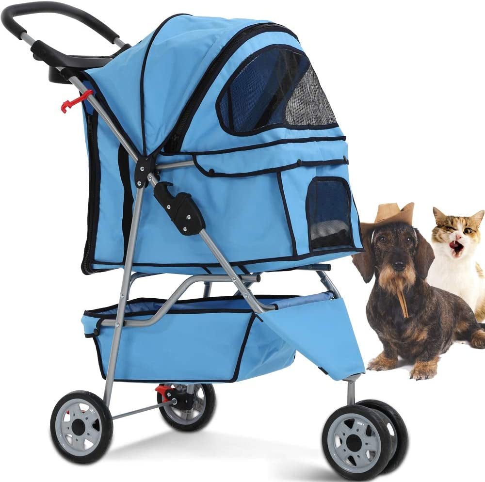 3-Wheel Folding Pet Stroller for Cats and Dogs with Cup Holder and Removable Pad