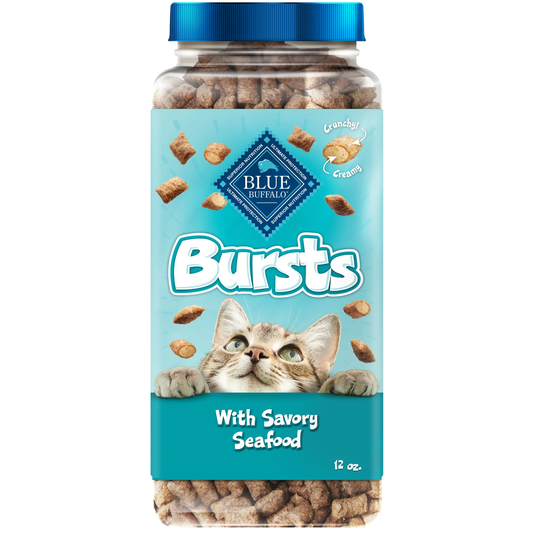 BLUE Bursts Crunchy & Creamy Cat Treats – Seafood Sensation with Real Salmon (12-oz Tub)